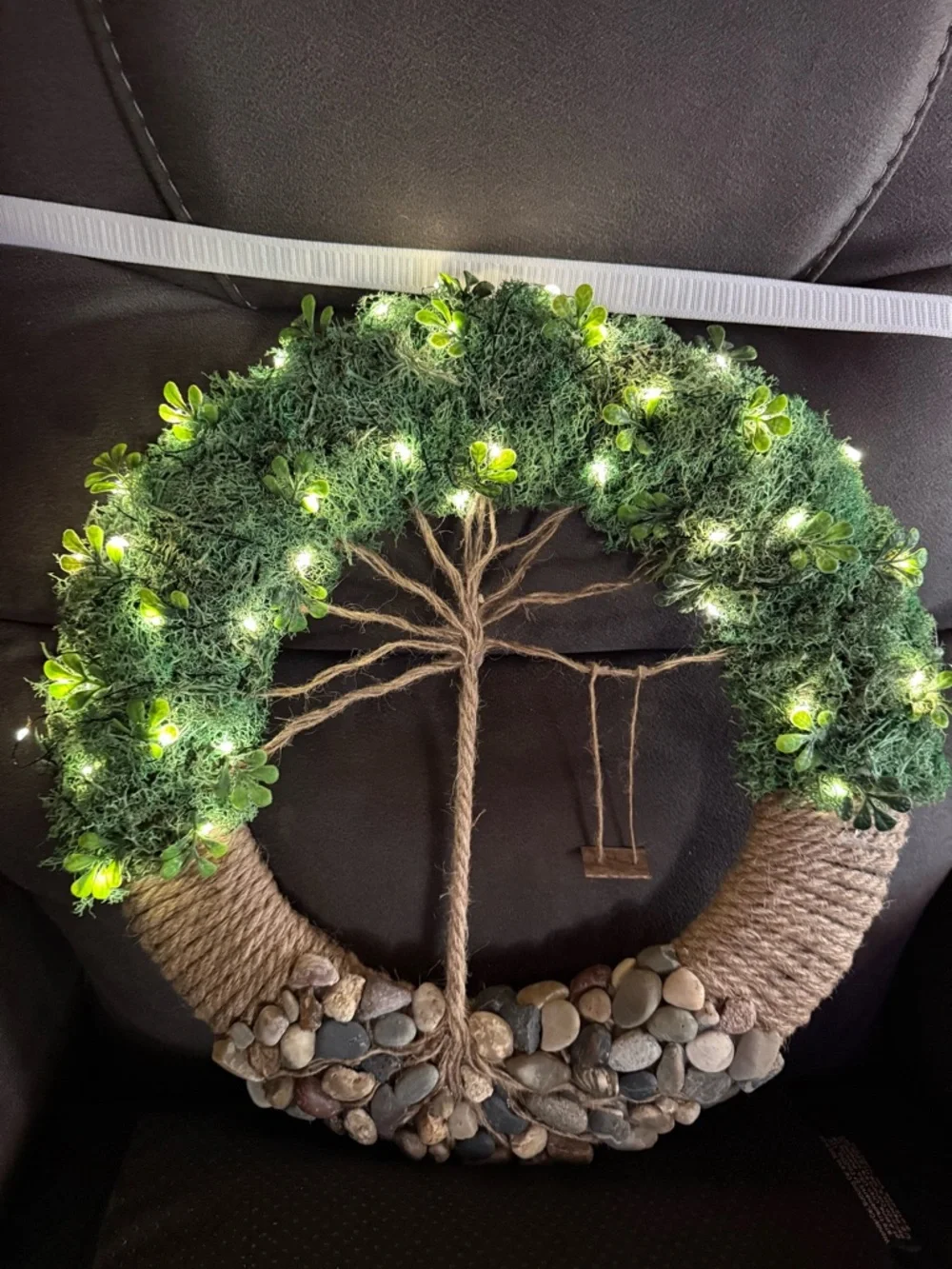 Handcrafted Green Moss & Rope Holiday Wreath with LED Lights